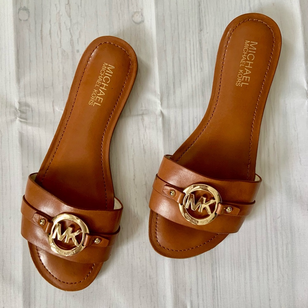 Michael Kors Cognac Leather Slide Sandals with Gold MK Logo